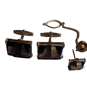 Cufflink set with tie brooch pin Genuine Smokey Topaz Gold Tone Cufflinks